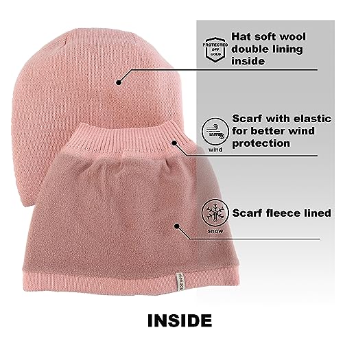 Hat and Scarf Set for Women – Knit Winter Beanie Fleece Lined Neck Warmer – Wool Double Layer Cap - color: Pink