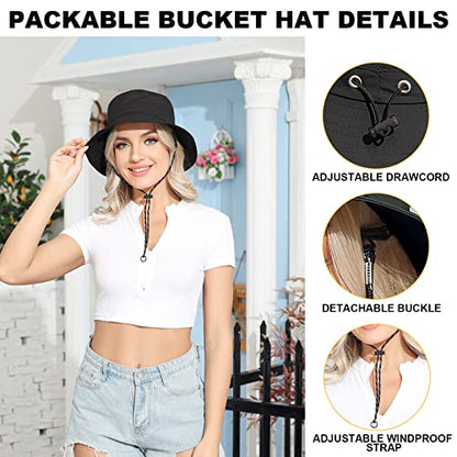 Packable Bucket Hat for Women Waterproof UV Protection Sun Hat - color: Black
