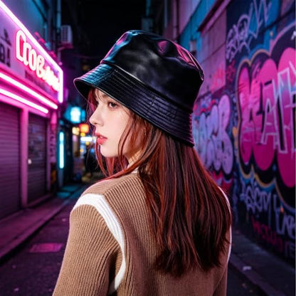 MILAKOO Pu Leather Bucket Hat for Unisex Reversible Fishing Cap Metallic Retro 80s 90s Fisherman Hat - color: A: Black