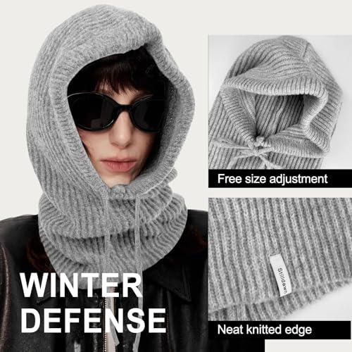 Stilldawn Hooded Scarf Beanie for Women&Men,Balaclava Winter Hat,Knit Skull Cap Neck Gaiter,Warm Premium Polyester Scarf Hat - color: Light Grey