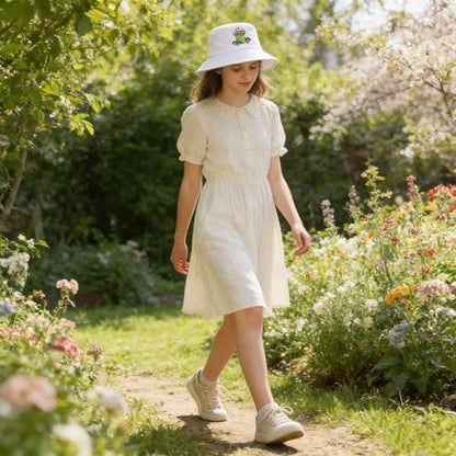 Cotton Bucket Hat for Women Men Summer Travel Sun Beach Bucket Cap, Unisex Outdoor Fisherman Hat - color: Frog With Mushroom White