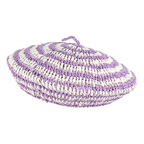 Women Summer Straw Woven Sunhat Classic Beret Artist Painter Sun Hat Cap - color: Stripes Purple