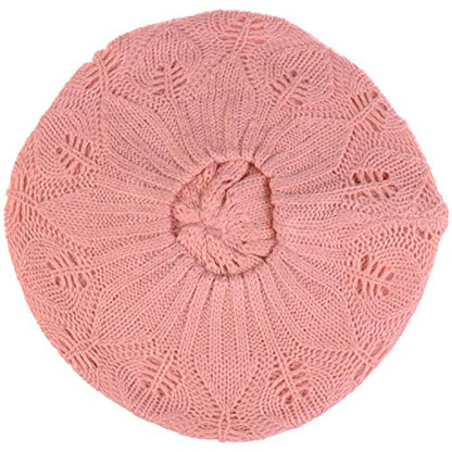 BYOS Women Mid-Weight Slouchy Leafy Cutout Crochet Soft Knit French Beret Hat - color: 2-pack-pink & Bk