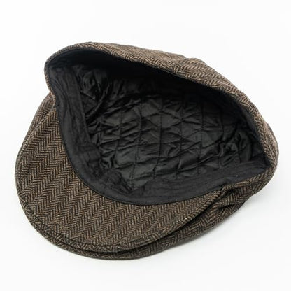Men's Classic Patchwork Herringbone Checker Plaid Newsboy Ivy Hat Flat Cap - color: Dark Brown, size: Large-X-Large