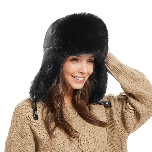 Winter Trapper Hat for Women Warm Faux Fur and Leather Windproof Full Hood Earflap Beanies - color: Black2