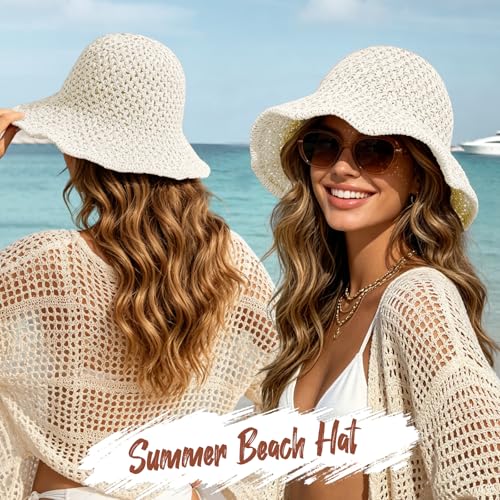 Sun Hat for Women Summer Straw Beach Hats Bucket Hat Floppy Crochet Hat - color: White