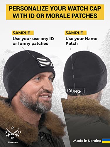 2SBR 2SABERS Fleece Winter Warm Watch Cap - Mens Outdoor Skull Beanie Hat - color: Black Patch Panel, size: Small