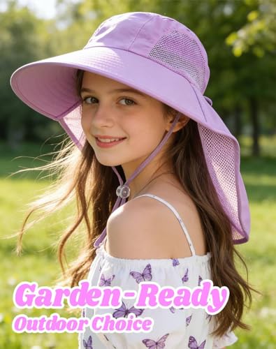 Rosoz Kids Sun Hat with Neck Flap UV Protection Summer Toddler Beach Hat Unisex Ponytail Hat Wide Brim Fishing Hat - color: 1pack-purple