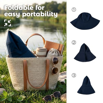 Womens Wide Brim Sun Hat UPF 50+ Foldable Bucket for Beach Travel - color: Navy Blue1
