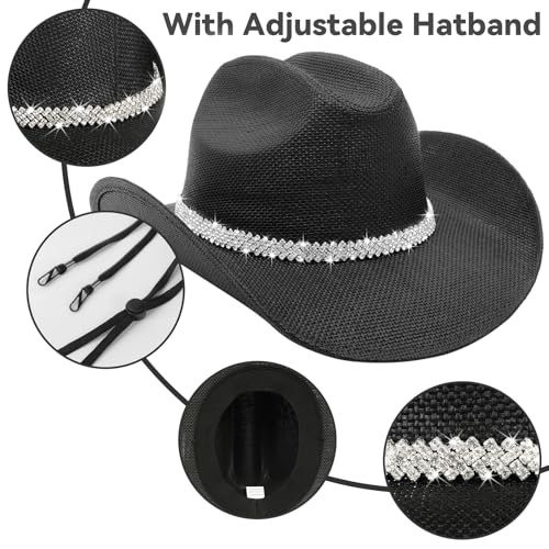 WQWOVRVO Cowboy Hat,Cowgirl hat,Brown Cowboy Hats for Women/Mens Straw Wide with Shapeable Brim Western Cowboy Hat for Womens - color: Black