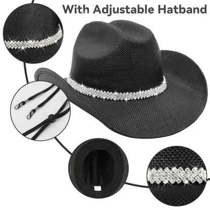 WQWOVRVO Cowboy Hat,Cowgirl hat,Brown Cowboy Hats for Women/Mens Straw Wide with Shapeable Brim Western Cowboy Hat for Womens - color: Black