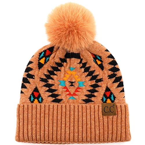 C.C Fur Pom Winter Fall Trendy Chunky Stretchy Cable Knit Beanie Hat - color: Aztec Desert Sand