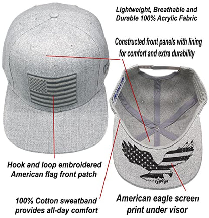 Antourage American Flag Unisex Baseball Hat for Men and Women | USA Flag Mesh Snapback Cap with 2 Patriotic Patches - color: (75) Grey Flat Visor Snapback