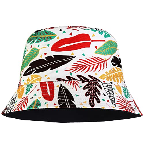 Falari Reversible Bucket Hat for Men Women Summer Travel Beach Outdoor Fishing Hat 100% Cotton - color: J895-white-leaf