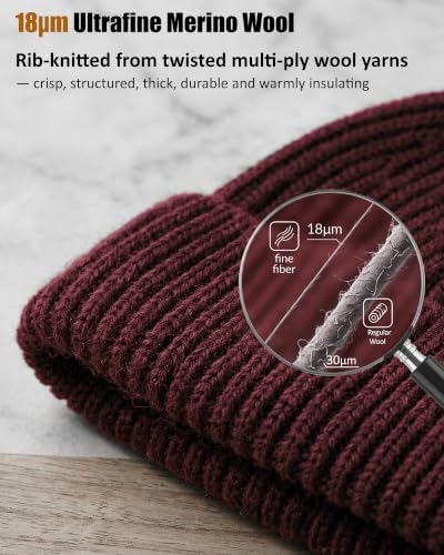 100% Merino Wool Fisherman Beanies for Men Winter Beanie Skull Cap - color: Wine Red