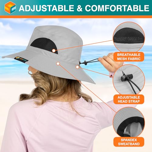 SUN CUBE Wide Brim Sun Hat for Men & Women, UPF 50+ UV Protection, Mesh Boonie Hat with Chin Strap, Fishing Hiking Hat - color: Light Grey