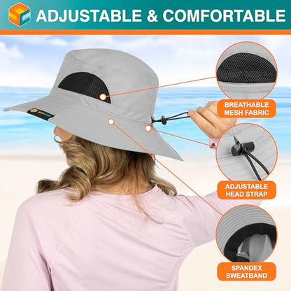 SUN CUBE Wide Brim Sun Hat for Men & Women, UPF 50+ UV Protection, Mesh Boonie Hat with Chin Strap, Fishing Hiking Hat - color: Light Grey