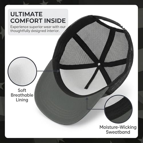 BROMZ Kids Youth American Flag Trucker Hat Flat Bill, Breathable Mesh Back Snapback Baseball Cap for Boys Girls 5-15 Years - color: Dark Gray/Black Flag