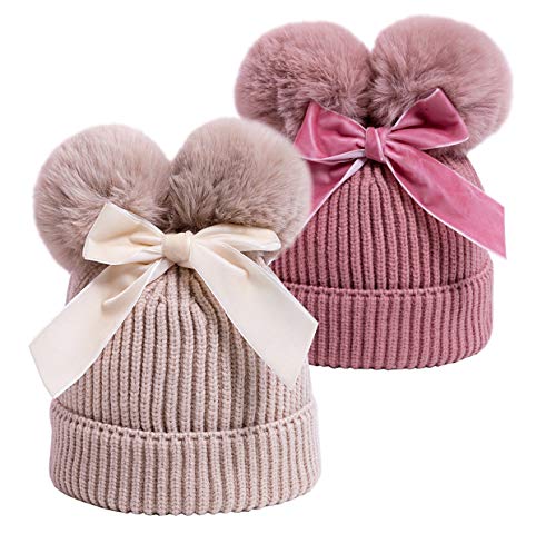 YATEEN Infant Toddler Baby Knitting Woolen Hat Winter Warm Double Pompom Beanie Cap with Bow - color: 2 Pack Beige / Pink