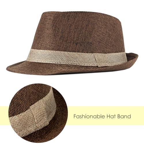 Lisianthus Mens Short Brim Summer Panama Fedora Trilby Sun Hat - color: Coffee With Beige Band