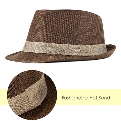 Lisianthus Mens Short Brim Summer Panama Fedora Trilby Sun Hat - color: Coffee With Beige Band