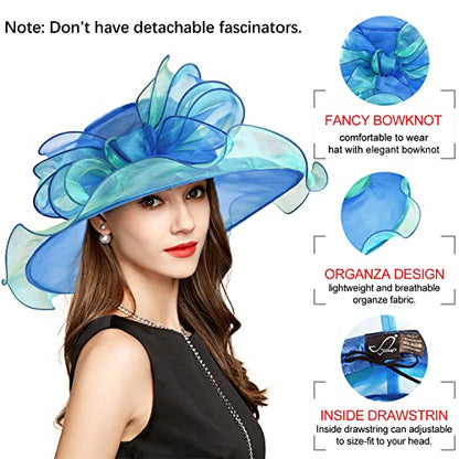 2026 Derby Hats for Women Ladies, Classy Organza Sun Hat, Church Tea Party Wedding Kentucky Fascinator Hat - color: B2967-royal Blue