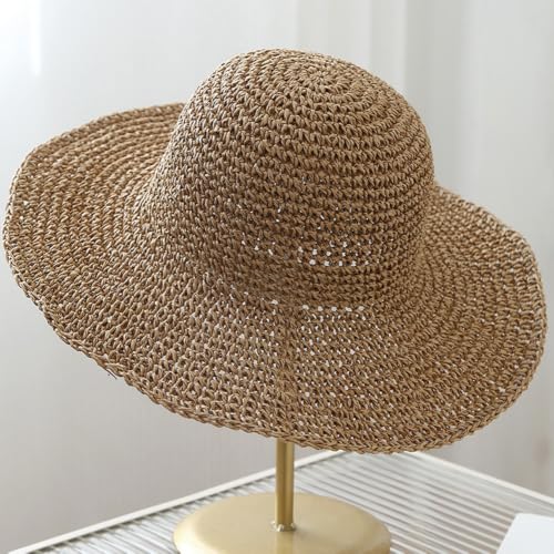 KORADI Womens Sun Hats Straw Hat Summer Beach Hats Foldable Floppy Cap Wide Brim Woven Bucket Hat - color: Khaki