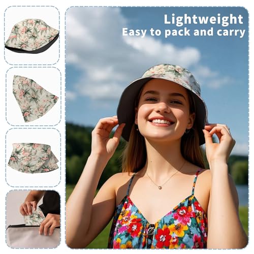 Amasnay Funny Bucket Hat Cotton Double-Side-Wear Reversible Sun Hat for Women Men, Summer Vacation Travel Beach Fisherman Hat - color: Flamingos Beige