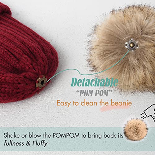 FURTALK Womens Winter Beanie Hat Satin Lined Faux Fur Pom Pom Beanies Hat for Women Winter Warm Knit Hats - color: Wine Red