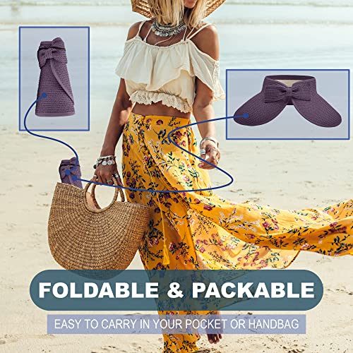 Straw Sun Visor for Women, Wide Brim UPF 50+ Protection Beach Hat, Adjustable, Roll Up Foldable Ponytail Cap with Chin Strap - color: Purple