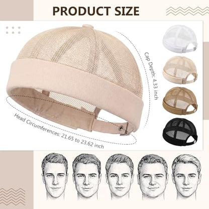 4 Pcs Men's Brimless Cap with No Brim, Summer Mesh Docker Beanie Cap Sailor Skullcap for Men - color: Fashion Color