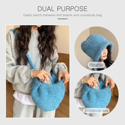 LumiSyne Winter Wool Knitted Hat Adjustable Drawstring Dual Purpose Earflap Hat and Knitted Bag Slouch Beanie Baggy Skull Cap - color: Blue