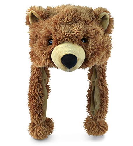 Puzzled Brown Grizzly Bear Hat - Soft Plush Animal Beanie with Ear Flaps, Cozy Fleece, Warm Winter Hat for Kids, Teens, Adults - One Size