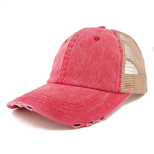 Trendy Apparel Shop Pigment Dyed Front Mesh Back Frayed Bill Trucker Cap - color: Red