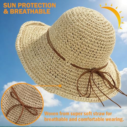 Women's Straw Bucket Sun Hat, Packable Floppy Wide Brim Beach Hat - color: Beige a