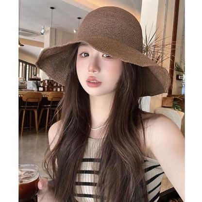 Women Straw Sun Hat Summer Beach Hats Foldable Floppy Cap Wide Brim Bucket Hat Solid Handmade Sun Protection Caps - color: Coffee