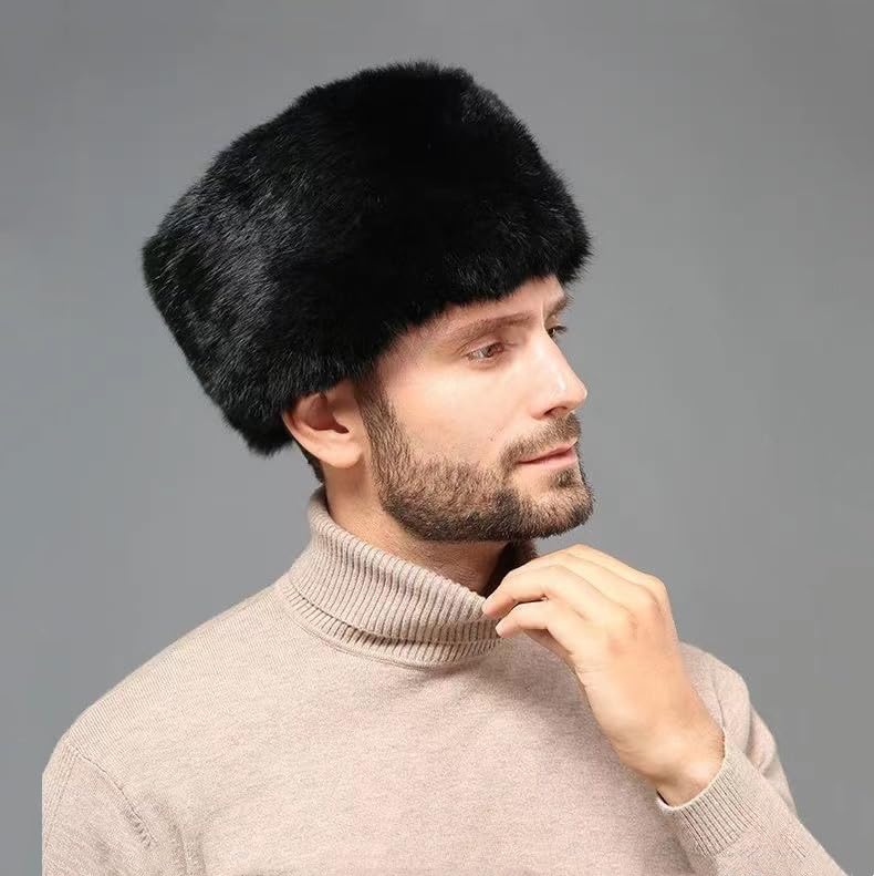 Men Winter Trapper Hat Faux Fur Russian Trooper Hat Furry Ushanka Hat Warm Dad Hat Outdoor Windproof Hunting Ski Cap - color: Black