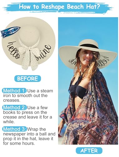 Sun Hats for Women, Summer Wide Brim Straw Beach Hat - color: Light White, size: Large