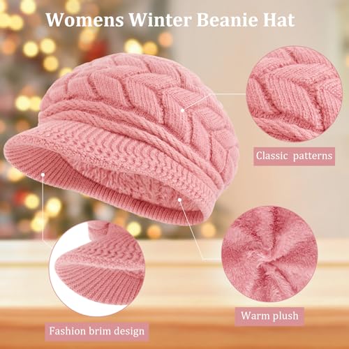 Loritta Womens Winter Beanie Hats, Thick Warm Beanie with Visor Brim - color: E-pink