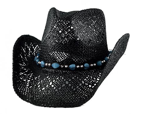Women's Straw Cowboy Hat with Beaded Trim, Shapeable Brim - color: Black