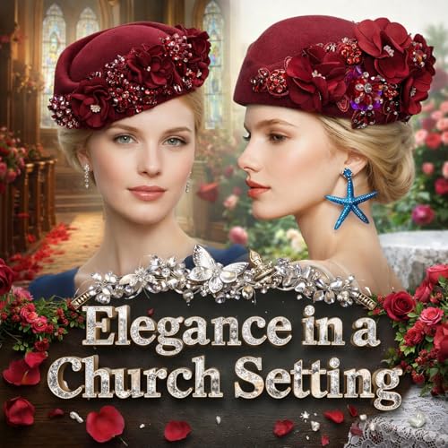 Petaluna Women's Flower Beret Suitable for Church Wearing Elegant Breathable Wedding Party Retro French Headdress - color: Claret