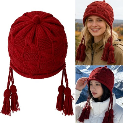 Cute Winter Crochet Knitted Beanie Hat for Women Red Hat Tassel Earflap Chunky Hat Outdoor Braid Skull Caps