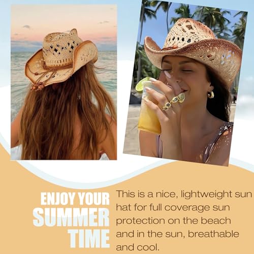 AQOKKA Straw Cowboy Hats for Women Men Western Cowgirl Hats with Shapeable Brim Woven Hollow Out Unisex Beach Roll Up Caps - color: Brown Beads Cowboy Hats : Khaki+beige Spray-painted