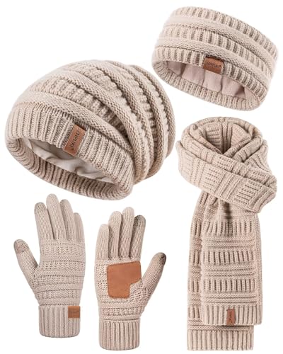 Womens Winter Beanie Hat Scarf Gloves Headband Set, Slouchy Beanie Ear Warmer Knit Scarf Touchscreen Gloves Warm 4 Gift Set - color: Oatmeal