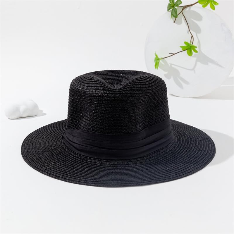 Unisex Adjustable Summer Straw Fedora Hat Sun Cap Panama Wide Brim For Beach Summer Outdoors Camping Supplies - color: Black