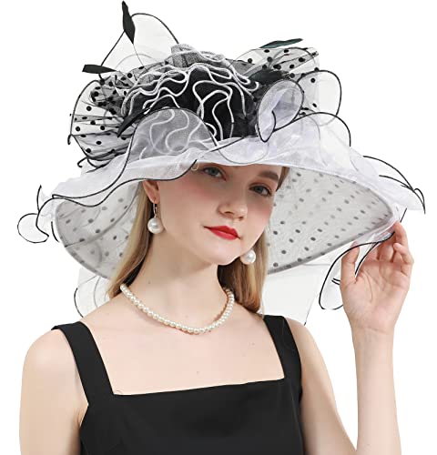 ORIDOOR Women Organza Fascinator Church Derby Hat Floral Tea Party Wedding Hat - color: 003f White