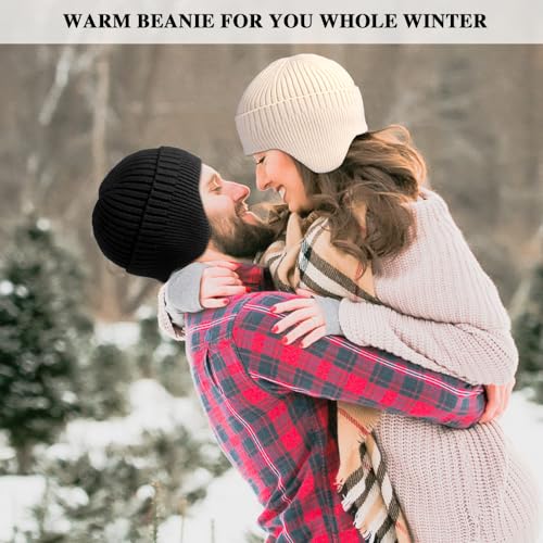 Heniho 2pcs Winter Beanies with Ear Flaps for Men Women, Warm Knit Earflaps Cap Thick Hats - color: G- Black, Beige