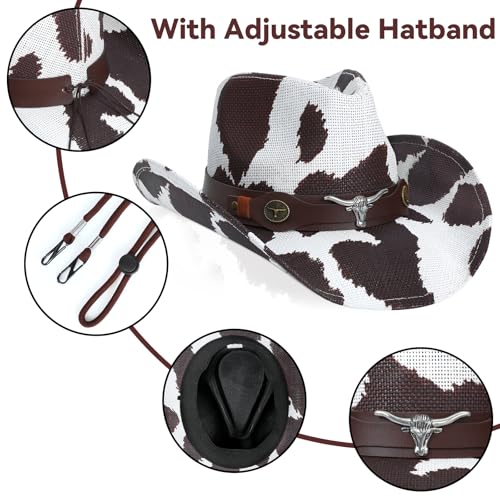 WQWOVRVO Cowboy Hat,Cowgirl Hat,Western Cowboy Hats for Women/Mens/Straw Wide with Shapeable Brim Cowboy Hat for Womens - color: Brown Cow Pattern