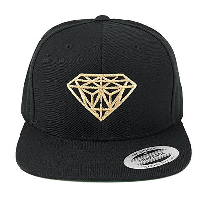 Diamond Embroidered Flat Bill Snapback Cap - color: Black With Metallic Gold Thread