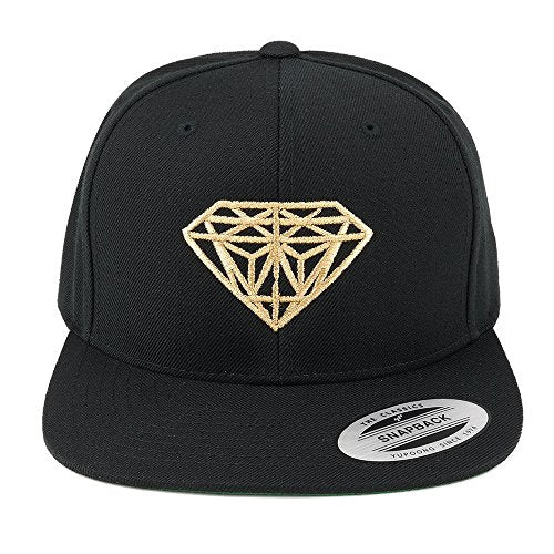 Diamond Embroidered Flat Bill Snapback Cap - color: Black With Metallic Gold Thread